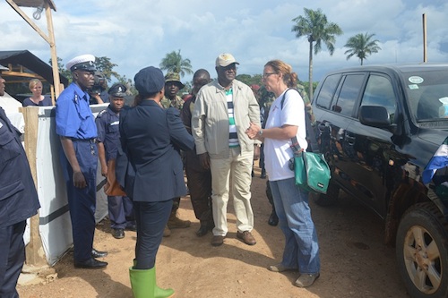 President Koroma and entourage at the Ebola management centre in Kailahun District being briefed by a MSF staff