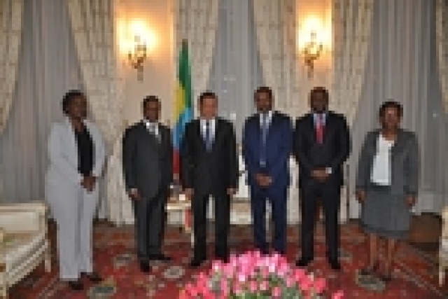 L-R: Dr Fiona Braka, Dr Pierre M'pele-Kilebou, H.E. President Mulatu Teshome, Dr Abebayehu Assefa, Mr Pierre Lessimi, Mrs Lulit Zewdie (Acting Director, International Organizations, MoFA).