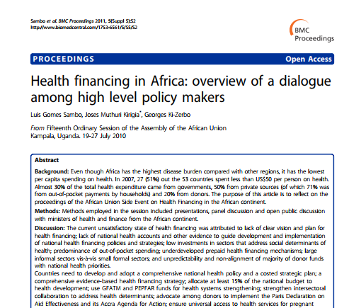 Health financing in Africa: overview of a dialogue among high level policy makers 