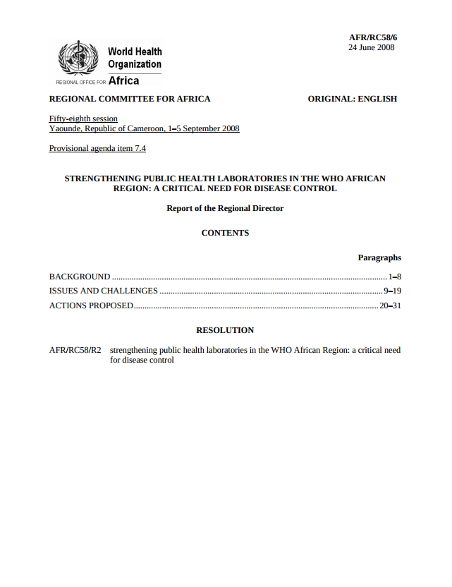 AFR/RC58/6 Strengthening Public Health Laboratories in the WHO African Region: A Critical Need for Disease Control