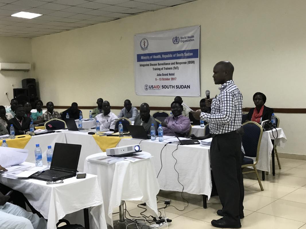 Dr Wamala Joseph Francis, WHO Epidemiologist making a presentation on identifying and reporting cases of priority diseases, conditions and events. Photo: WHO.