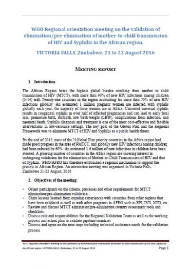 WHO Regional orientation meeting on the validation of elimination/pre-elimination of mother-to-child transmission of HIV and Syphillis in the African region