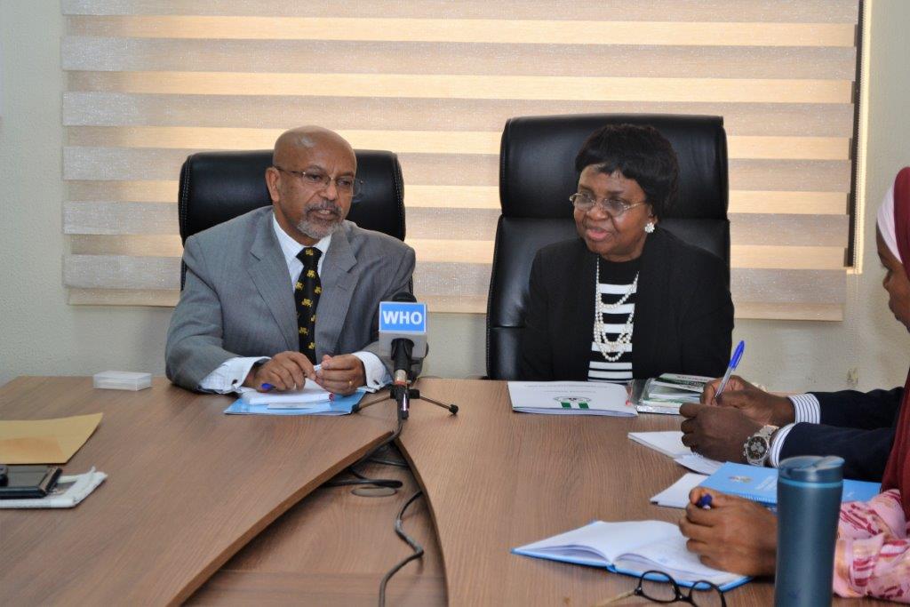 L-R WR Dr Wondimagegnehu Alemu making a speech during courtesy visit paid to the WHO Nigeria by the NAFDAC DG Professor Moji Christianah Adeyeye (left)