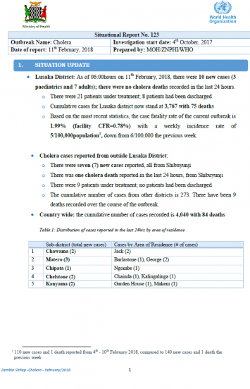 Zambia Cholera Outbreak Situation Report - 11 February 2018