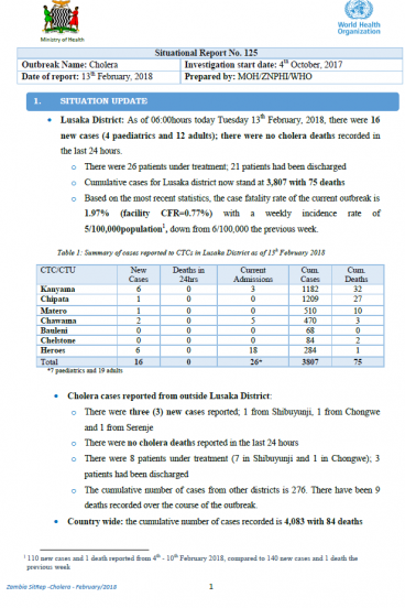 Zambia Cholera Outbreak Situation Report - 13 February 2018