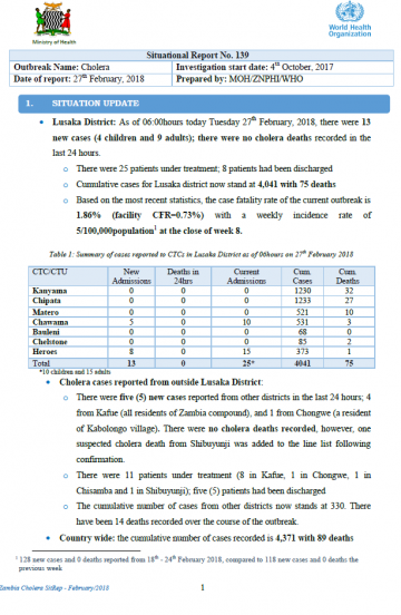 Zambia cholera Outbreak Situation Report-27 February 2018