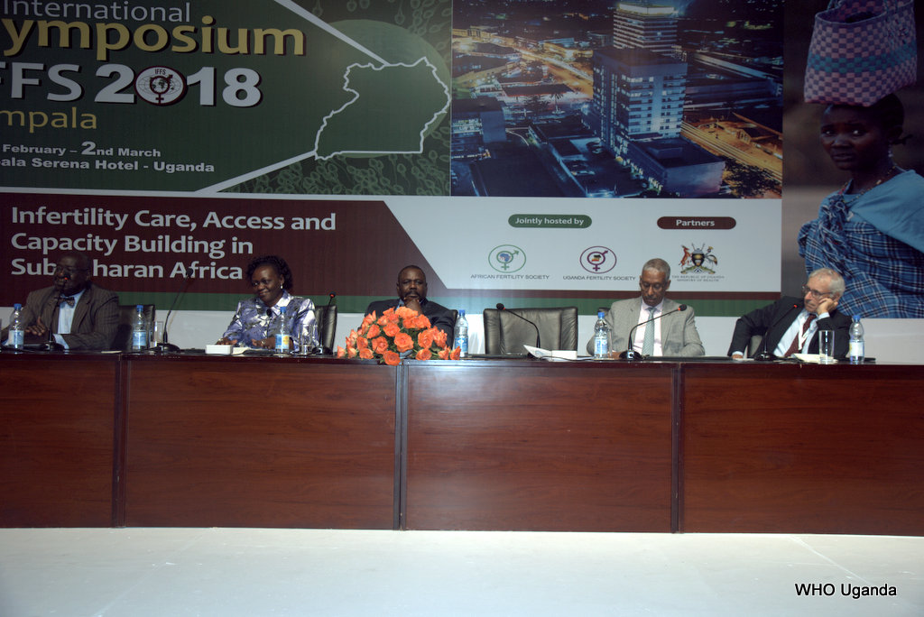 L-R: Professor Oladapo Ashiru, President of Africa Fertility Association, Hon Sarah Opendi- Minister of State for Health, Hon Jacob Oulanya- Deputy Speaker of Parliament in Uganda, Dr. Yonas Tegegn- WHO Representative to Uganda and Dr Richard Kennedy, President of the IFFS at the opening of the symposium