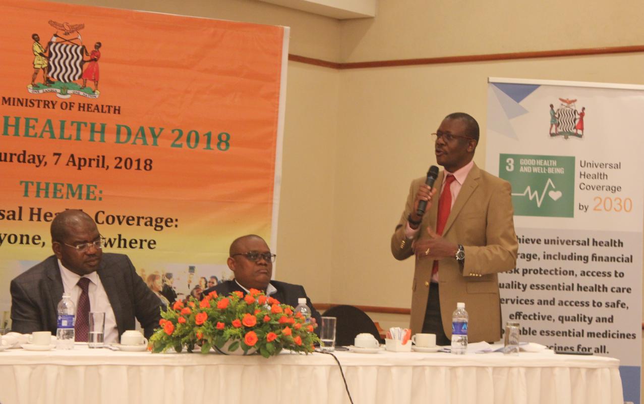 Hon. Minister of Health, Dr. Chitalu Chilufya, Permanent Secretary , Dr. Kennedy Malama and the WHO REpresentative, Dr. Nathan Bakyaita at the World Health Day meeting. 