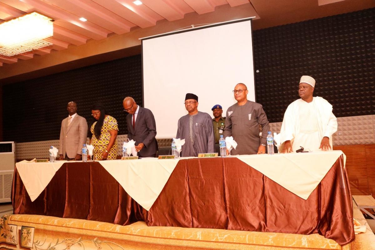 L-R: Dr Moses Ongom, Dr Angela Uwakwem (Commissioner for Health Imo State), Mr. Clement Uwaifo (Permanent Secretary, Fed. Ministry of Health), Dr. Osagie Ehanire (Minister of State for Health), Dr. Emmanuel Meribole (Director, Health Planning Research and Statistics (FMoH), Dr Haruna Mashelia (Commissioner of Health, Borno State)