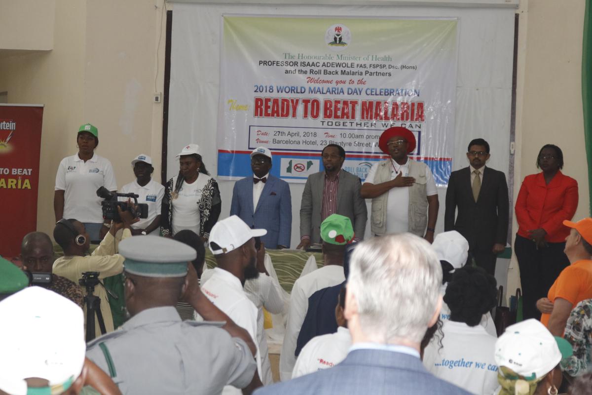 L-R; Dr Lynda Ozor (WHO Malaria Containment Project) Dr Audu Bala Mohammed (National Coordinator National Malaria Elimination Programme), Prof Isaac Adewole (Honourable Minister of Health), Dr Obi (Representative of chairman of the World Malaria Day), Dr Mboko (Dir, SFH) Mr T.S Ayari (Representative of Reckitt-Benckiser) Dr Fiona Braka (Cluster Chief WHO Expanded Programme on Immunization) at the World Malaria Day press briefing in Abuja