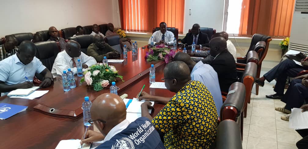 Minister of Health, Dr Riek Gai Kok and WHO Representative a.i.for South Sudan, Mr Evans Liyosi addressing a joint press conference in Juba.