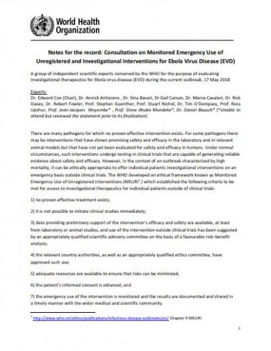 Notes for the record: Consultation on Monitored Emergency Use of Unregistered and Investigational Interventions for Ebola Virus Disease (EVD)