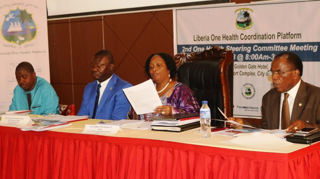 From (L-R) Agriculture Minister, Mr. M. Flomo, NPHIL Director General, Mr. T. Nyenswah, Vice President Mrs. J. H. Taylor and Deputy Health Minister Dr. F. Kateh at the 2nd  One Health Coordinating Platform meeting in Monrovia