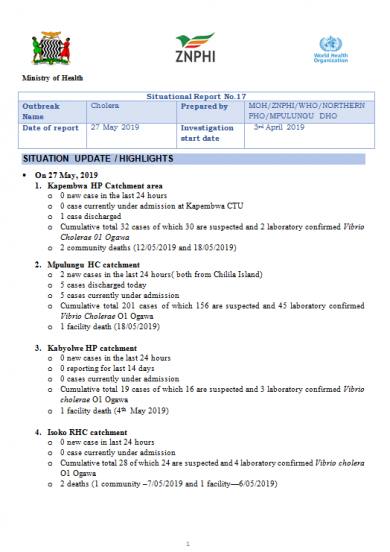 Zambia Cholera Outbreak Situation Reports -27 May 2019