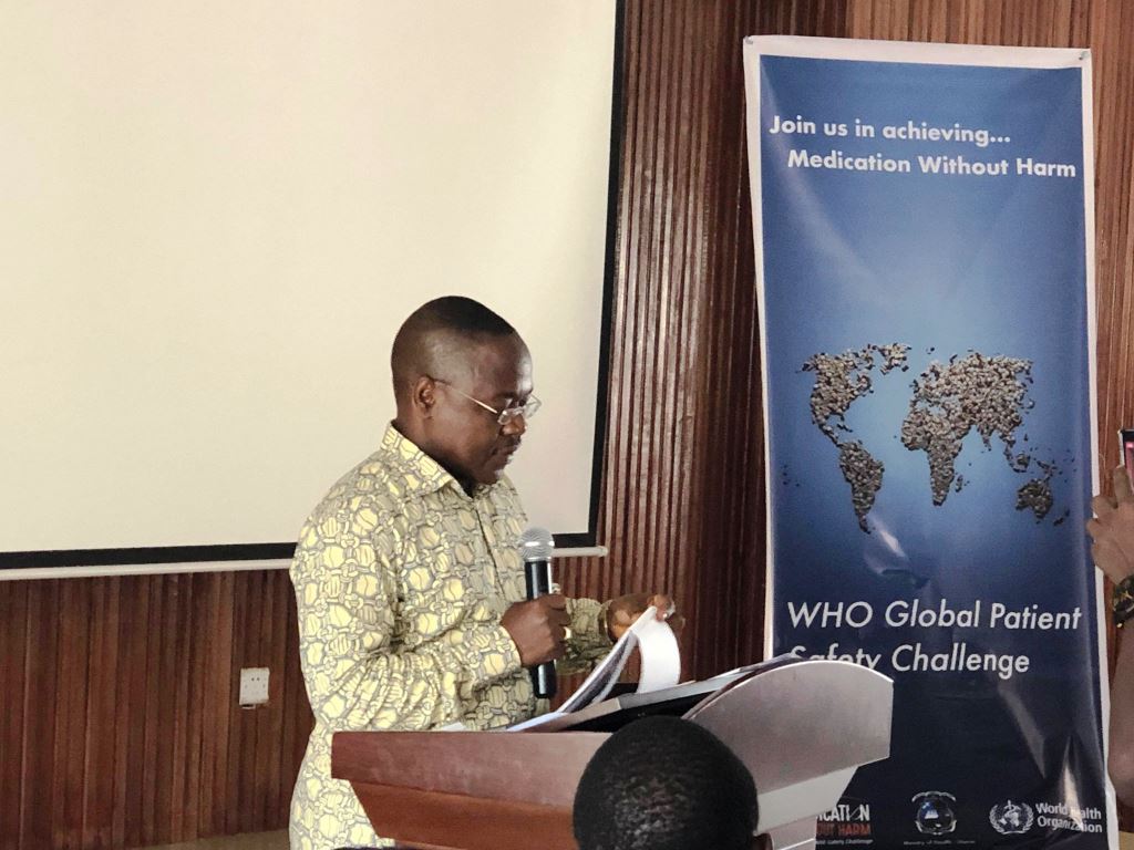 Dr. Moses Jeuronlon, WHO-Liberia Disease Prevention and Control Cluster Coordinator making remarks during the launch Medication without Harm  Challenge in Monrovia