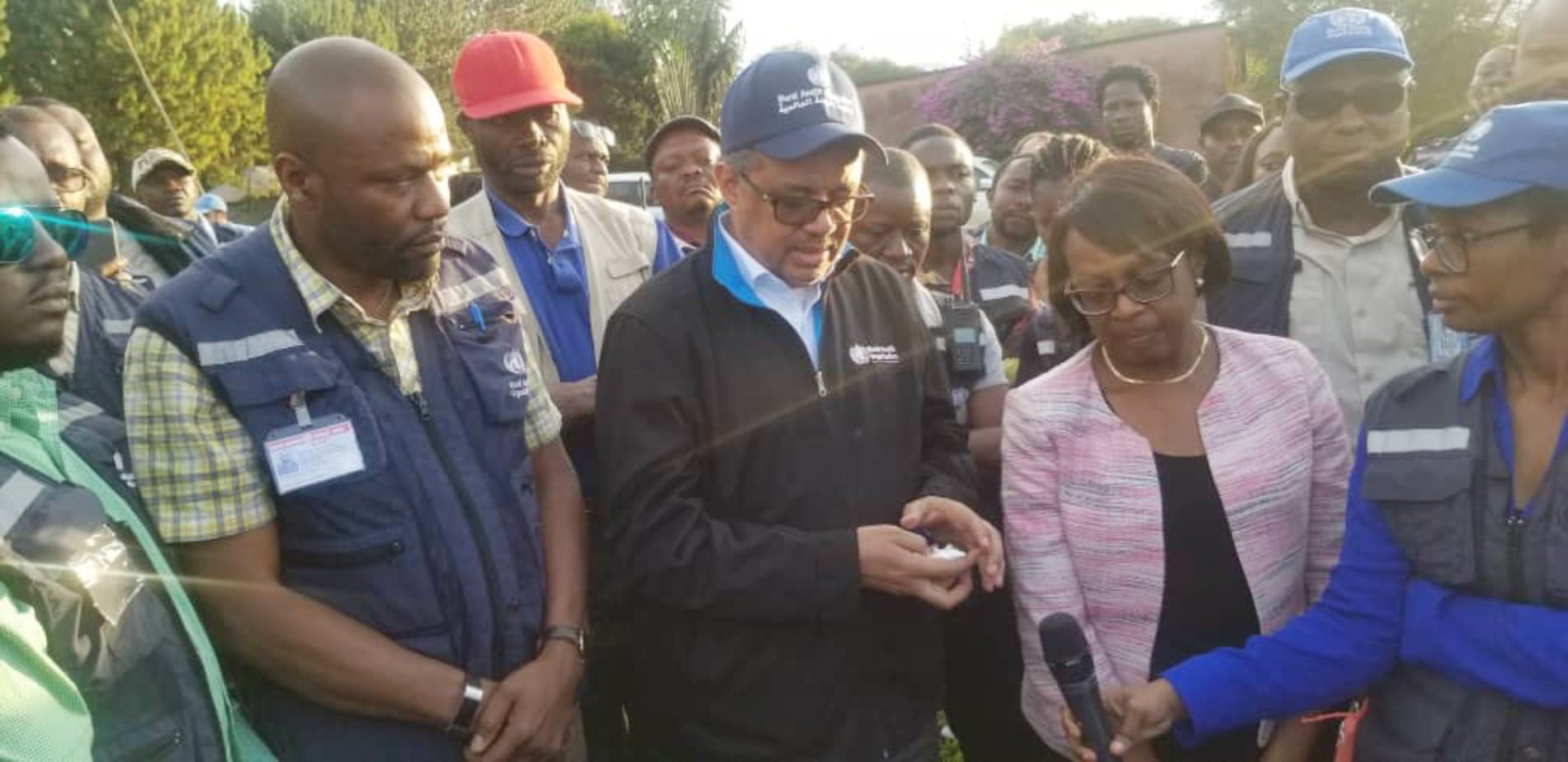 DG Dr Tedros and RD Dr Moeti interact with staff during their trip to Butembo 