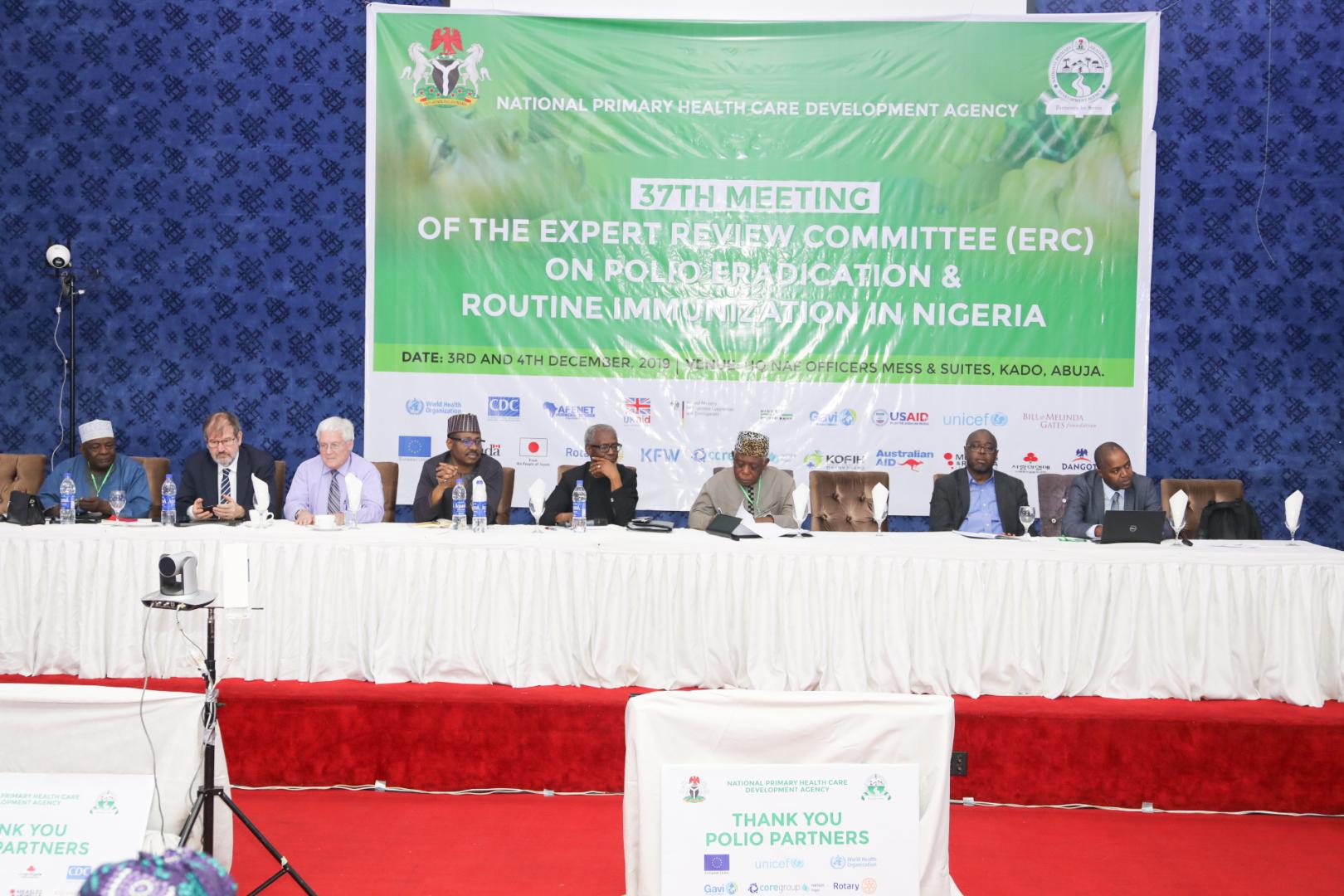 ERC Chairman, professor Oyewale Tomori(5th Right) ED of NPHCDA, Dr Shuaib (4th Left and members of the 37th ERC in Abuja 