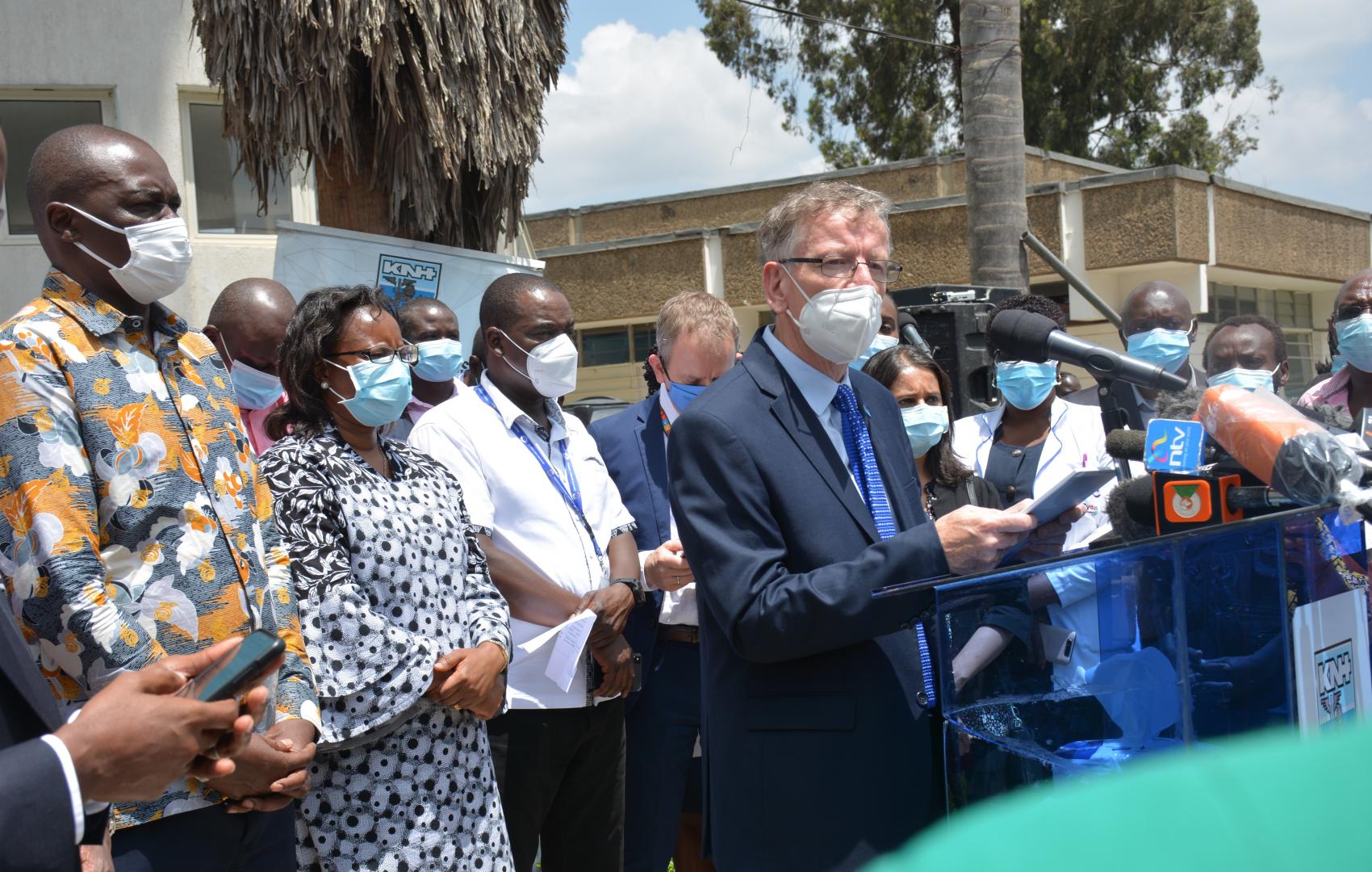 Dr Rudi Eggers, WHO Representative, Kenya, speaking during the vaccination launch. He was accompanied by MOH officials, Dr Patrick Amoth, Director General and Ms Susan Mochache, Principal Secretary  