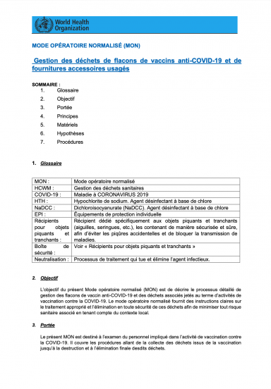 Mode Opératoire Normalisé (MON) : Gestion des déchets de flacons de vaccins anti-COVID-19 et de fournitures accessoires usagés