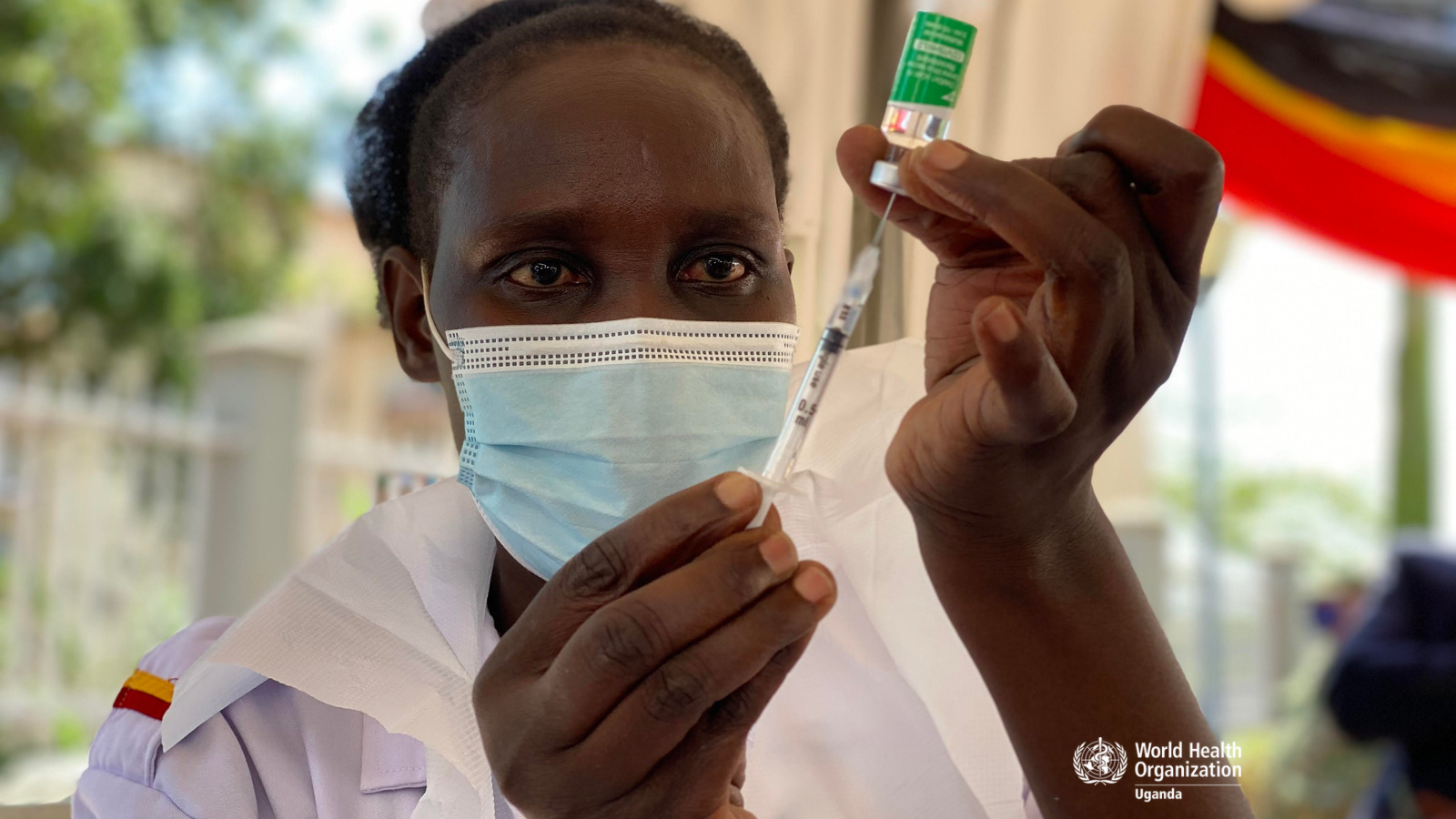 Health worker draws COVID-19 vaccine jab during the current vaccination exercise in Uganda