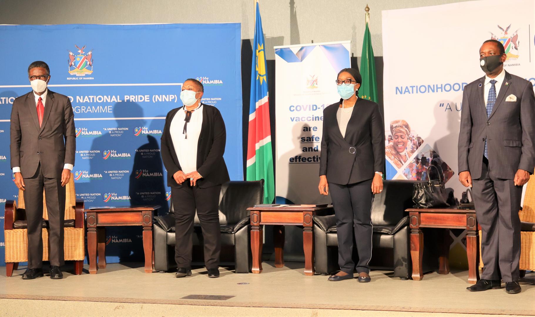 Left to right: WHO Representative, Dr Charles Sagoe-Moses, Deputy Minister of Health and Social Services, Dr. Ester Muinjangue, Right Honorable Prime Minister Dr. Saara  Kuugongelwa-Amadhila and Minister of Information and Communication Technology, Dr Peya Mushelenga 