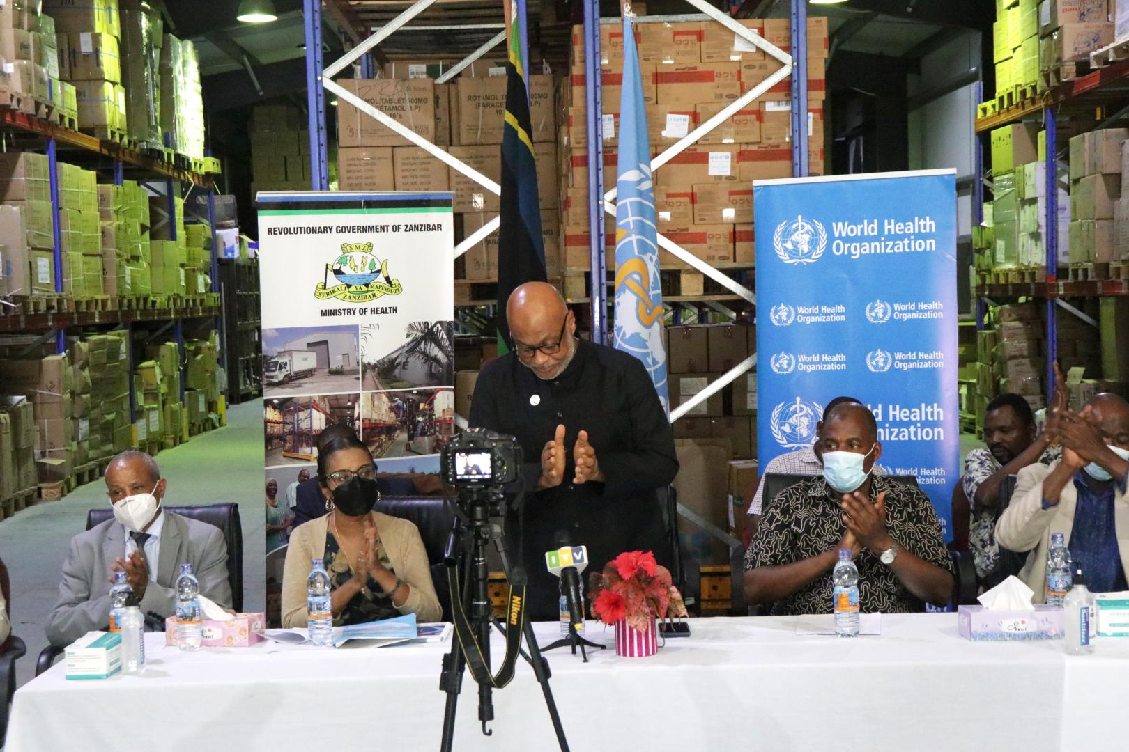 The Minister for Health receiving medicines and supplies donated through WHO