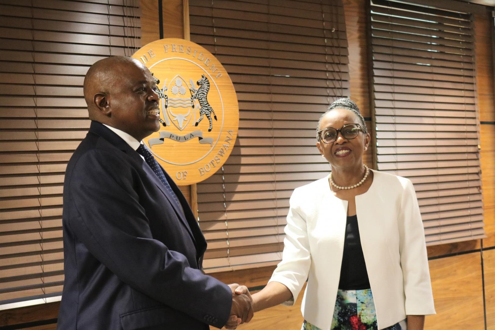 President Dr Mokgweetsi Eric Keabetswe Masisi welcomed the WHO Regional Director for Africa Dr Matshidiso Moeti during her visit to Botswana, in April 2023