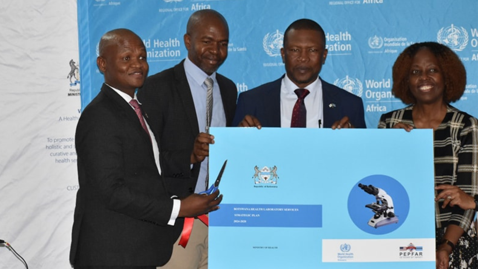 Minister of Health Dr. Edwin Dikoloti, WHO Country Representative Josephine Namboze, Director of Health Laboratory Services Mr. Mpaphi Blasis Mbulawa and Director of Clinical Support Services Dr. Changi Baikai officially launched the National Laboratory Strategic Plan in Palapye. 