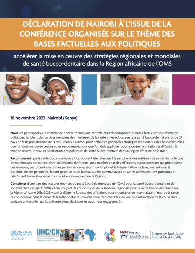 Déclaration de Nairobi à l’issue de la conférence organisée sur le thème des bases factuelles aux politiques : accélérer la mise en œuvre des stratégies régionales et mondiales de santé bucco-dentaire dans la Région africaine de l’OMS