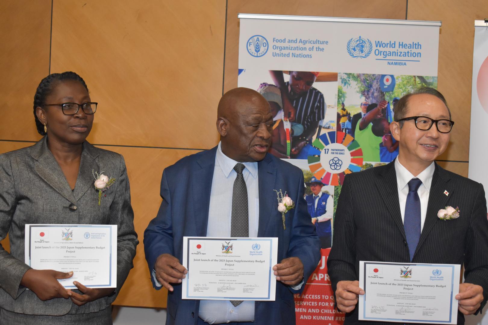 Dr Mary Brantuo, WHO Namibia Officer-in-Charge. Hon Dr. Kalumbi Shangula, Minister of Health and Social Services and H.E.  Hisao Nishimaki, the Ambassador of the Government of Japan to Namibia