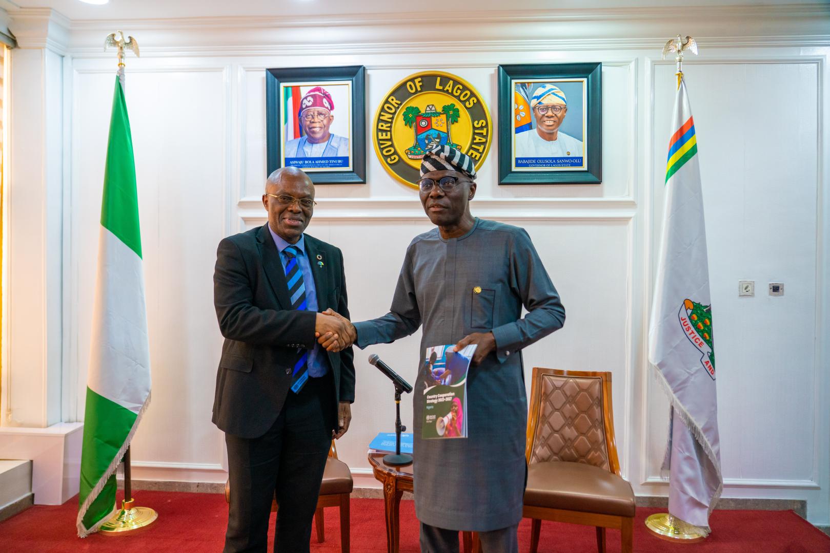 WHO Nigeri Country Representative Dr W.K Mulombo presenting the CCSIV document to Lagos State Governor, Mr B. Sanwo-Olu during an advocacy visit in Lagos. 