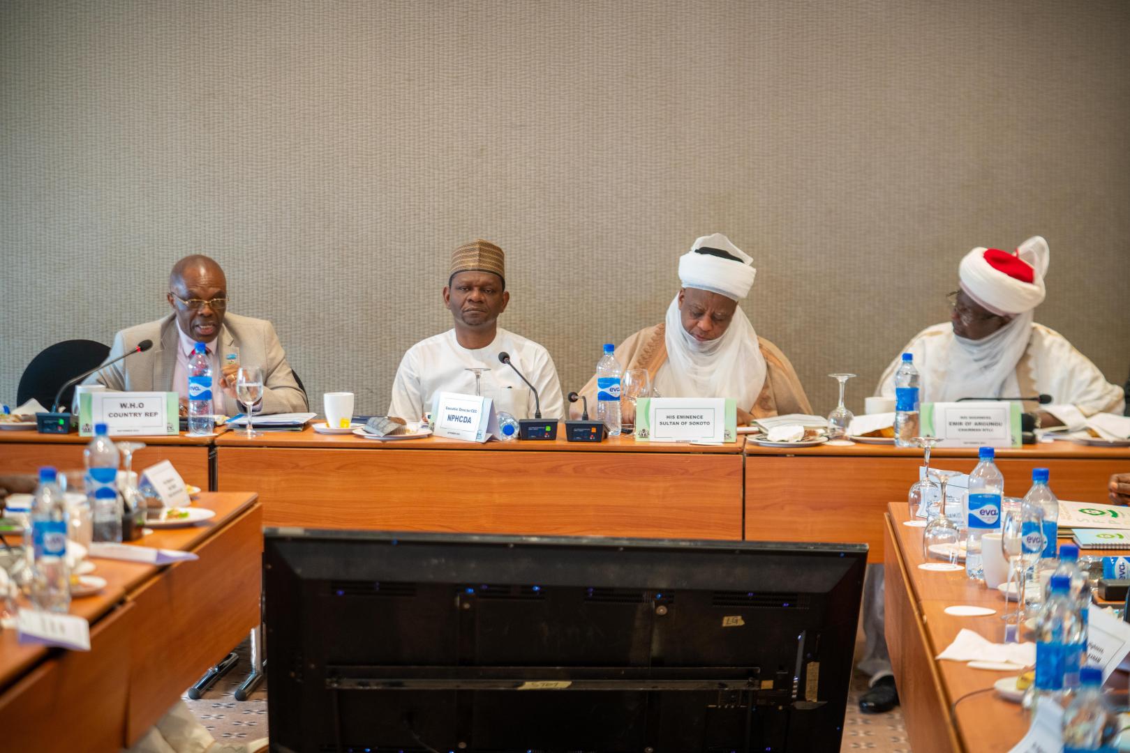 L-R WHO country representative, Dr Mulombo, ED, NPHCDA, Dr Aina, Sultan of Sokoto Alhaji Sa'ad Abubakar and emir of Arugungu, during the northern traditional leaders committee meeting in Abuja  photocredit Ogbeide E