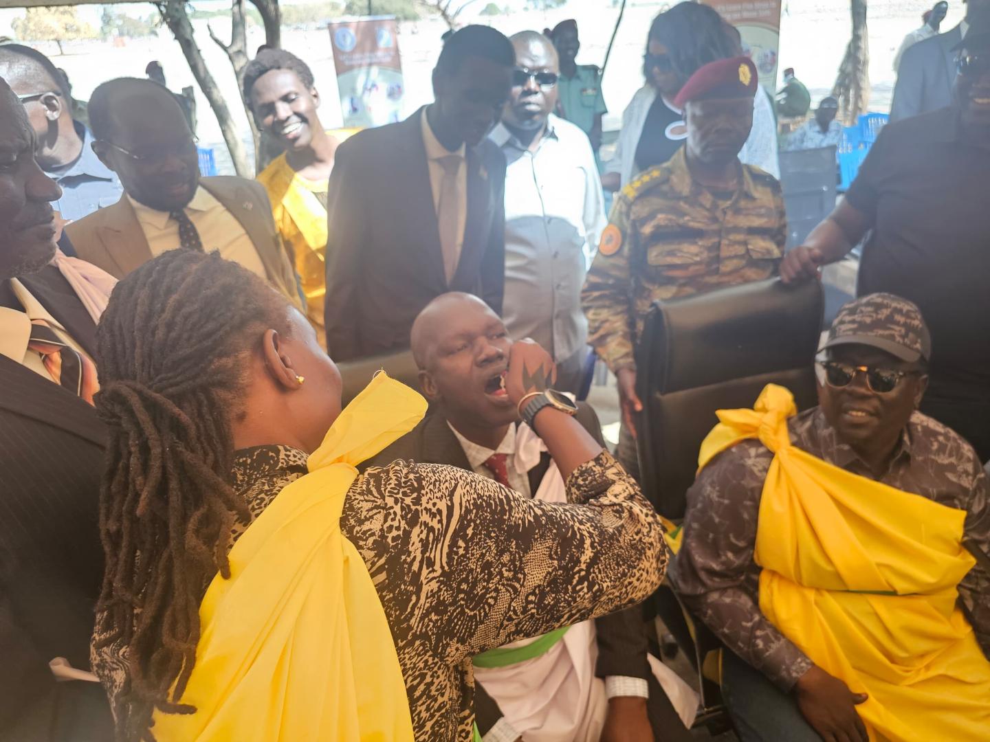 Honorable Minister of Health, Republic of South Sudan, Yolanda Awel Deng, administering oral cholera vaccine at Primary Health Care center in Rubkona