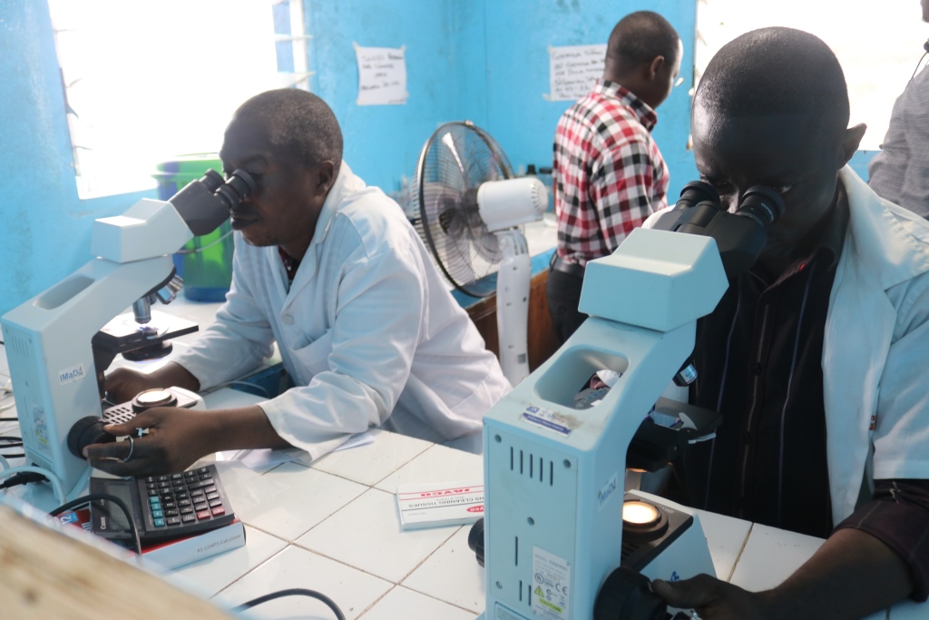 Microscopic blood examination by laboratory technicians involved in the study