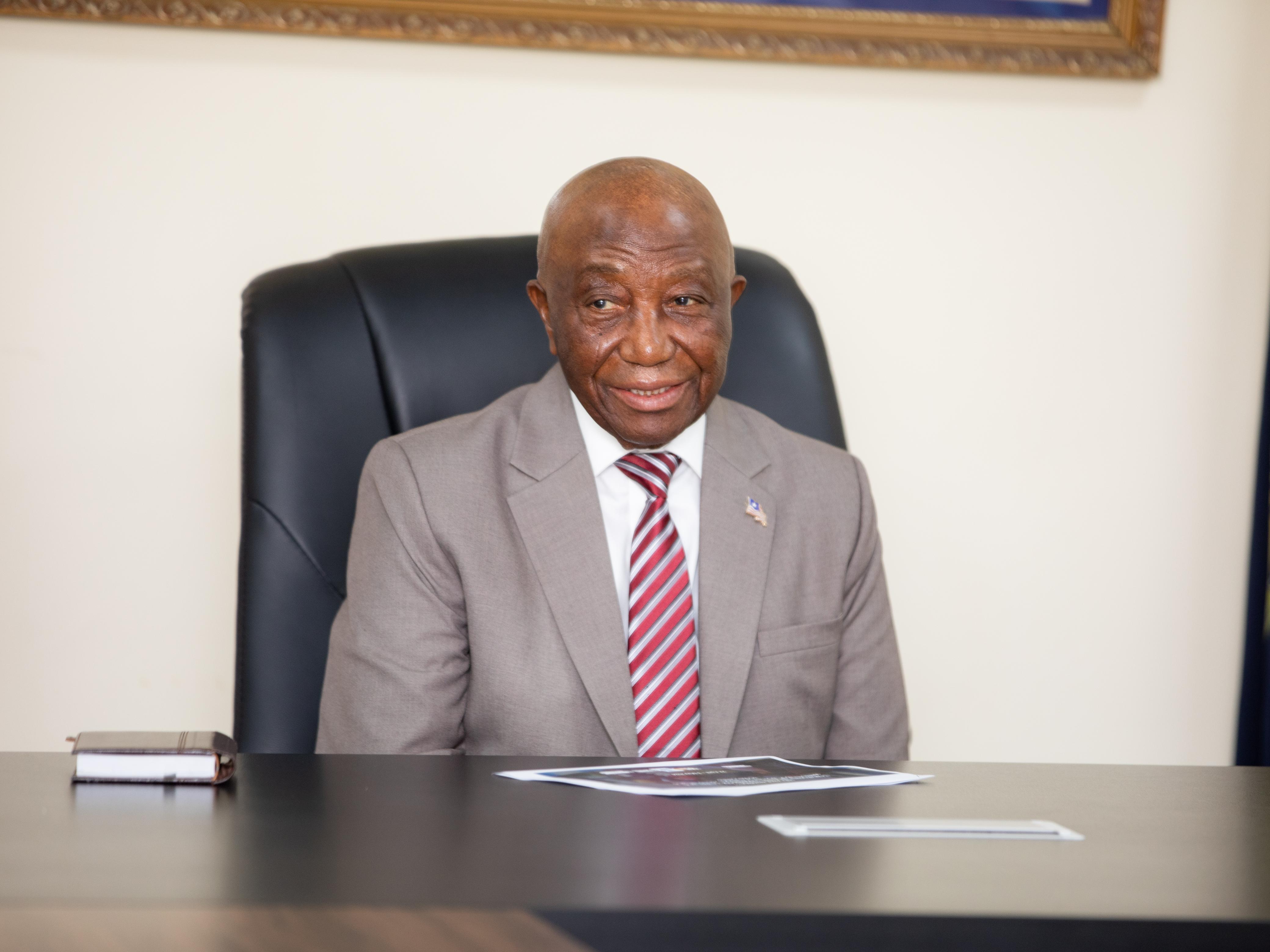 Mr. Joseph N. Boakai , President of the Republic of Liberia, during the H6-SRMNCH Mission debriefing at the Executive Mansion in Liberia