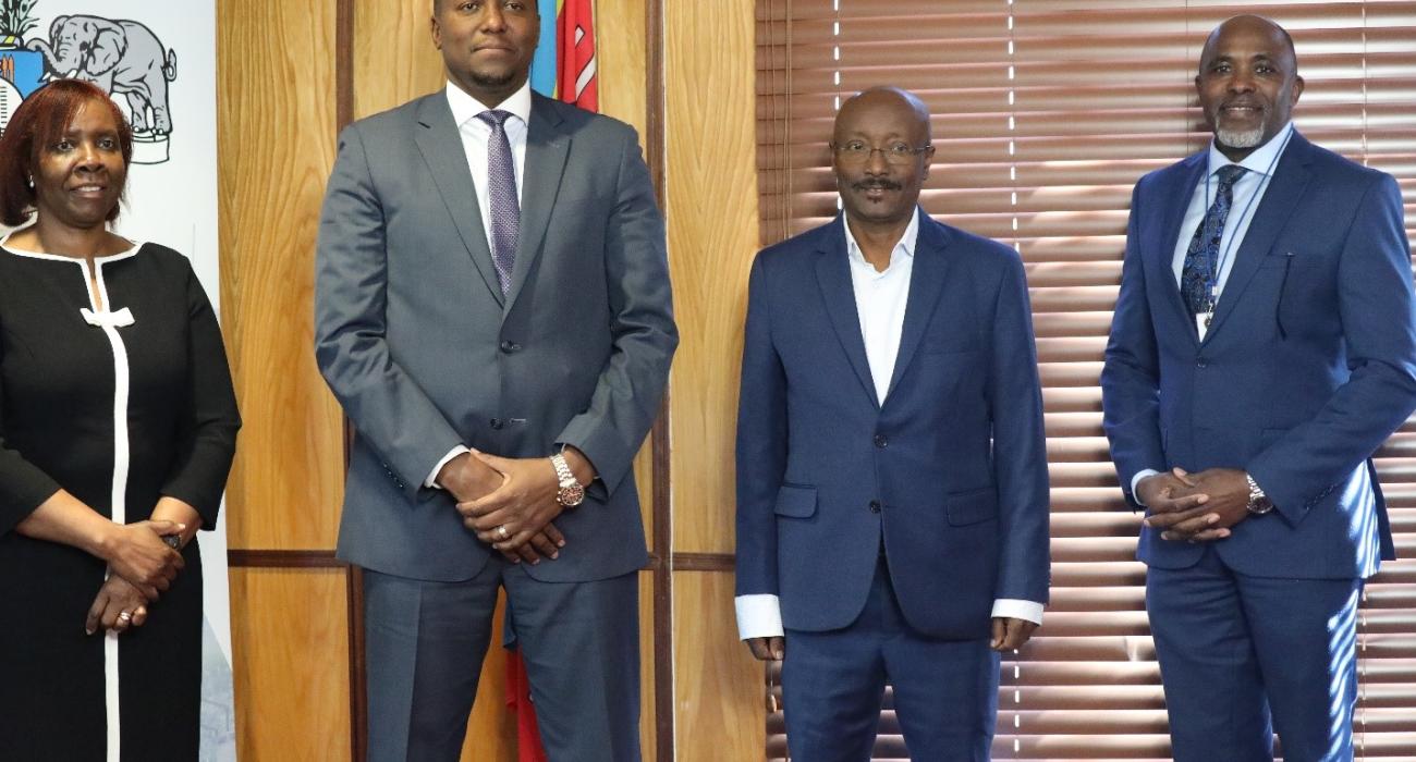 Prime Minister of the Kingdom of Eswatini Mr. Russell Dlamini with the WHO Representative Dr Susan Tembo, AFRO Senior Health Emergency Officer Dr Solomon Fisseha Woldetsadik, and UN Eswatini Resident Coordinator Mr. George Wachira during a consultation meeting with the PM in his offices in Mbabane