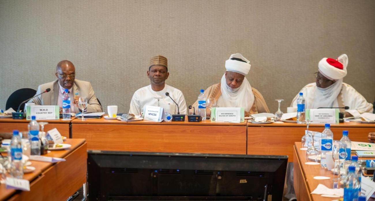 L-R WHO country representative, Dr Mulombo, ED, NPHCDA, Dr Aina, Sultan of Sokoto Alhaji Sa'ad Abubakar and emir of Arugungu, during the northern traditional leaders committee meeting in Abuja  photocredit Ogbeide E