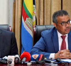 Prime Minster of Uganda Dr Ruhakana Ruganda and Dr Tedros address the media in Kampala 