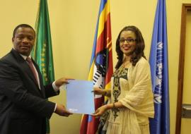 WHO Representative Dr Tigest Ketsela Mengestu presents her letter of credence to Minister of Foreign Affairs and International Relation Chief Mgwagwa Gamedze