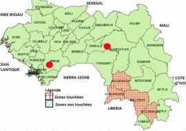 Epidemiological situation in Guinea, with affected areas and areas of emergence of new cases, as at 3rd April 2014