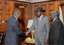 Dr Luis G Sambo, H.E. Gen. Salva Kiir Mayardit and Hon Minister of Health, Dr Riek Gai Kok in the President’s office.