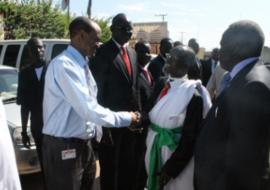 The Vice-President of the Republic of South Sudan, The Right Honourable Wani Igga, shakes the hand of the WHO Country Representative, Dr Abdi Aden Mohamed at New York Hotel in Juba. Looking on is the Minster of Health, Republic of South Sudan Honourable Reik Gai Kok photo: WHO/P,Ajello