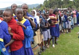 Students line up for MR vaccination at the launch