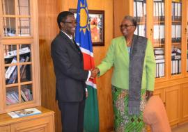 WHO Representative to Namibia, Dr Charles Sagoe-Moses shakes hands with Hon. Mrs. Netumbo Nandi-Ndaitwah, Namibia's Minister of International Relations and Cooperation