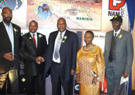 From left to right: CEO of the MVA, Jerry Mr Jerry Muadinhohamba, CEO of Nampost, Mr Festus Hangula, Honourable Minister of Works and Transport, Mr ErkkiNghimtina, WHO Representative, Dr Magda Robalo and NRSC, Executive Secretary, Eugene Tendekule, unveil the commemorative stamp to mark the Global Decade of Action for Road Safety.