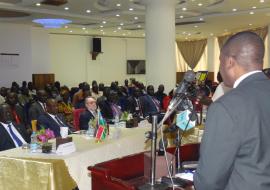 Mr Evans Liyosi delivering a speech during the review meeting.