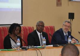 Rwanda’s Minister of State for Public and Primary Health care, Dr. Patrick Ndimubanzi flanked by WHO Rwanda OIC Dr Dr Juliet Bataringaya and UNICEF Representative to Rwanda Mr Ted Maly at the official opening of the 2018 IST/ESA EPI Managers’ Meeting