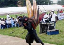 A Kinshasa, un gros moustique fabriqué et porté par artiste de théâtre pour faire passer le message concernant une lutte antivectorielle renforcée. OMS/Eugene Kabambi