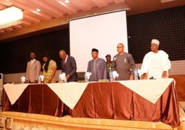 L-R: Dr Moses Ongom, Dr Angela Uwakwem (Commissioner for Health Imo State), Mr. Clement Uwaifo (Permanent Secretary, Fed. Ministry of Health), Dr. Osagie Ehanire (Minister of State for Health), Dr. Emmanuel Meribole (Director, Health Planning Research and Statistics (FMoH), Dr Haruna Mashelia (Commissioner of Health, Borno State)