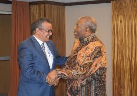 Uganda's Prime Minister Rt. Dr Ruhakana Rugunda (right) receives WHO Director General Dr Tedros at the Kampala Serena Hotel